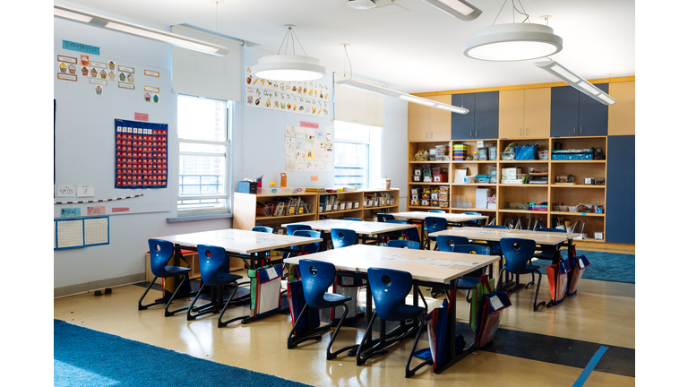 Empty modern classrooms in primary school in USA