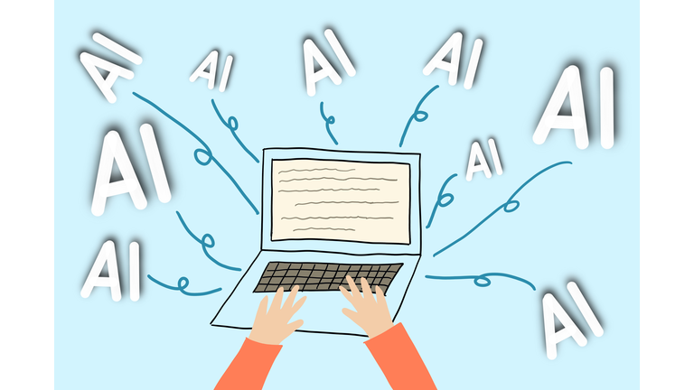 Hands typing on a laptop with the word 'AI' floating around on a light blue background. Technology and artificial intelligence concept.