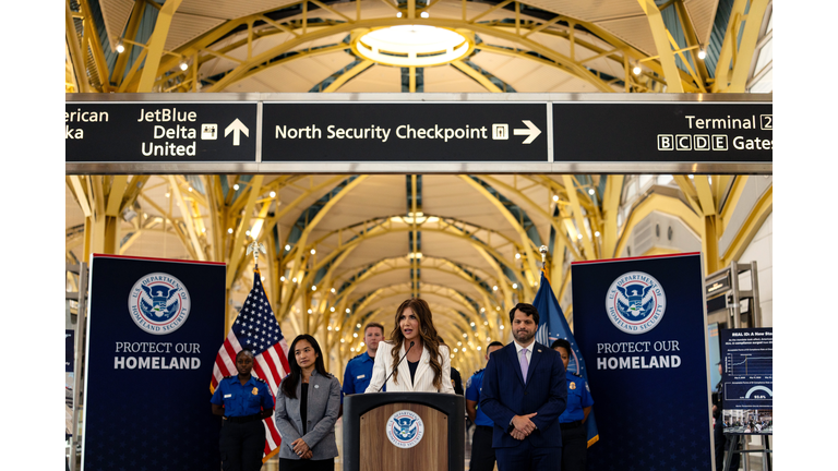DHS Secretary Noem Holds Press Conference On TSA Security Checks At Reagan Airport