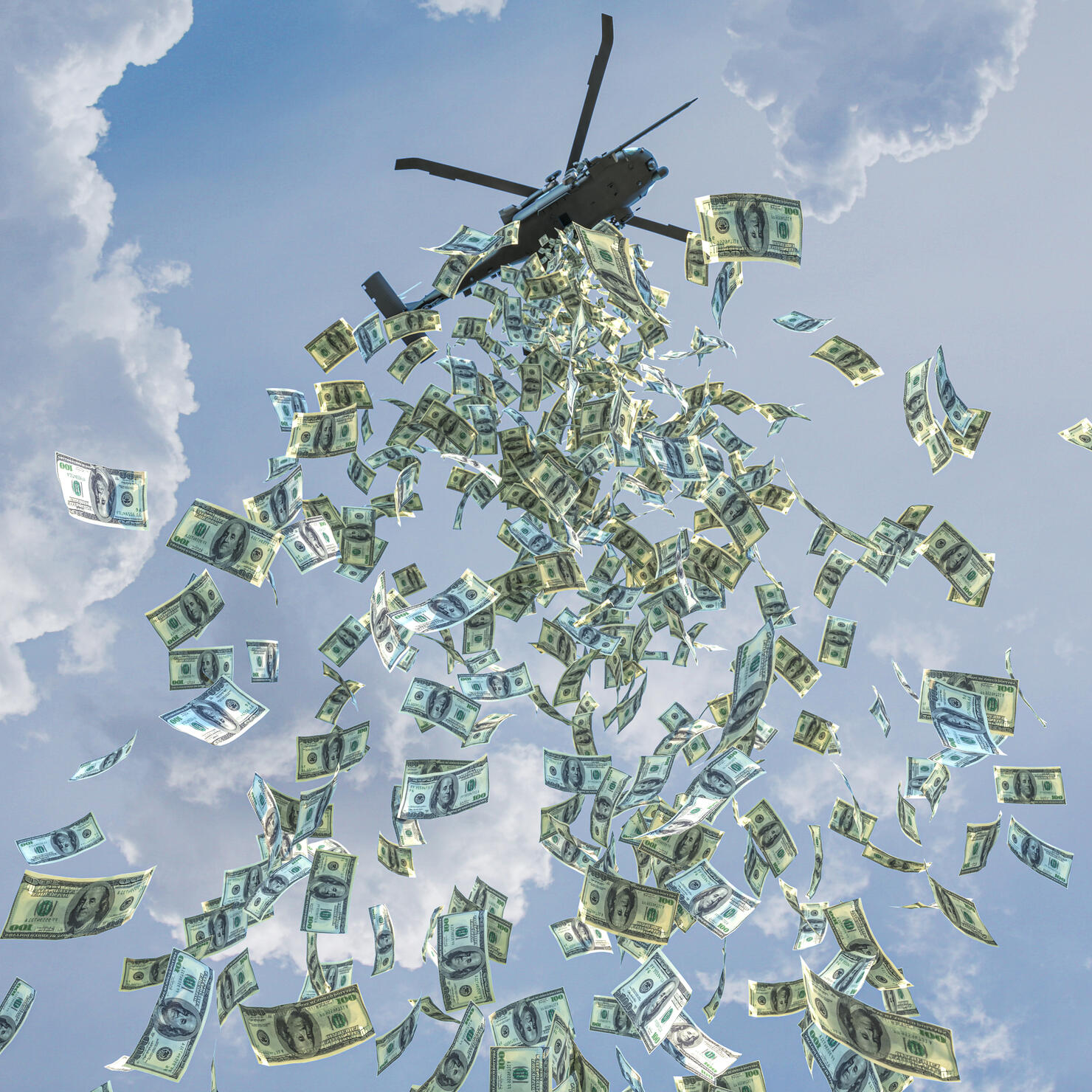 Helicopter money concept sky background