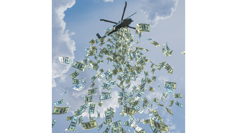 Helicopter money concept sky background