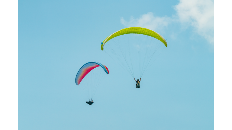 Paragliding in blue sky
