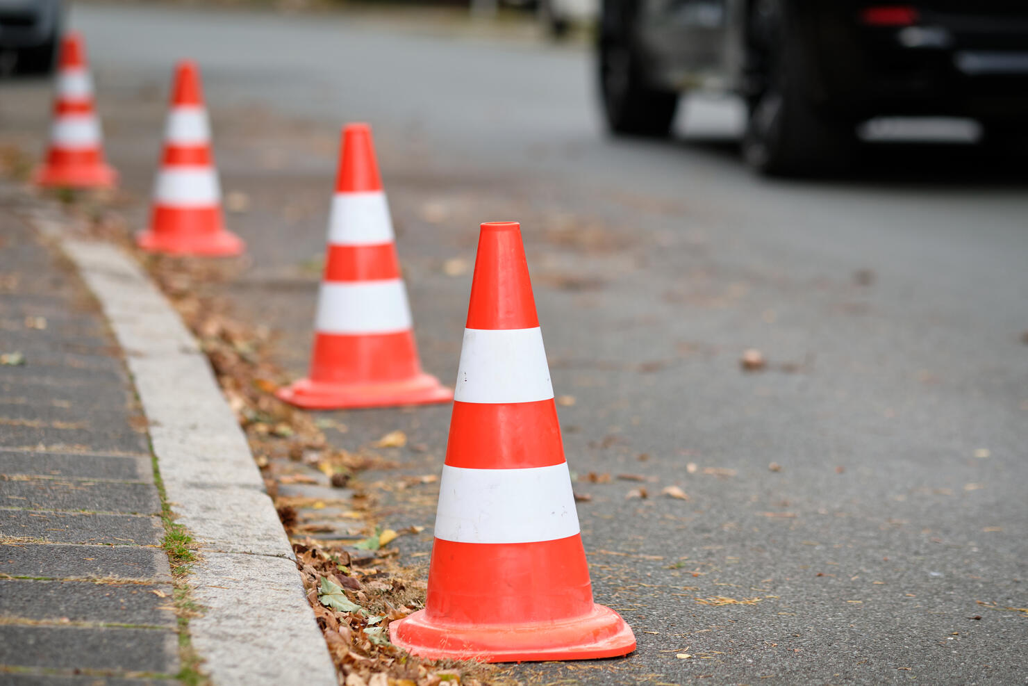 A row of traffic cones standing on a street