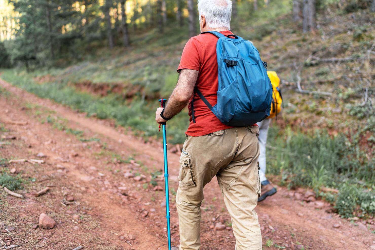 Active senior couple with backpacks hiking together in nature