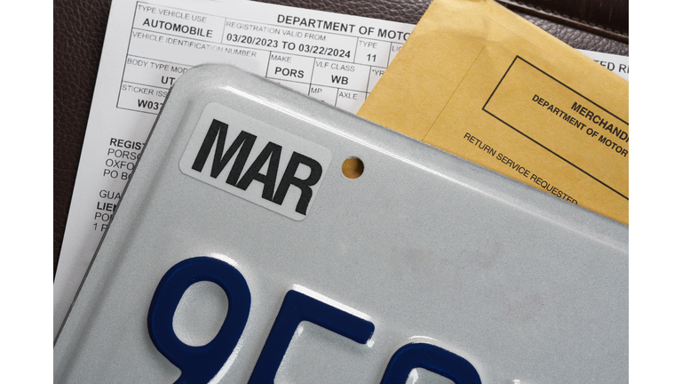 License plate registration for car with documents. DMV. USA