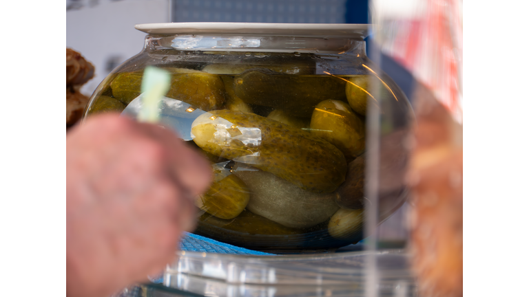 Traditional Pickled Sour Pickles in a Large Jar at Beer Fest in Munich