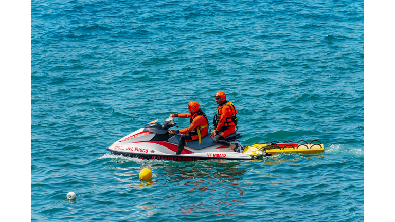 Patrol of Italian Lifeguards on a Jet Ski - Mediterranean Sea Liguria Italy
