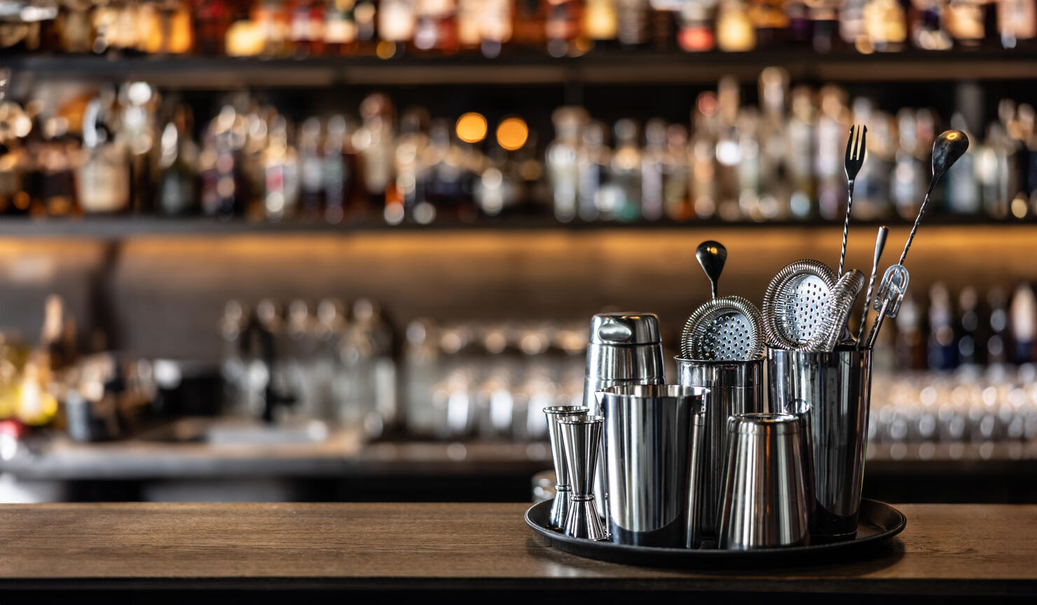 Barmans tools, cocktail shaker and classic equipment for preparing drinks.