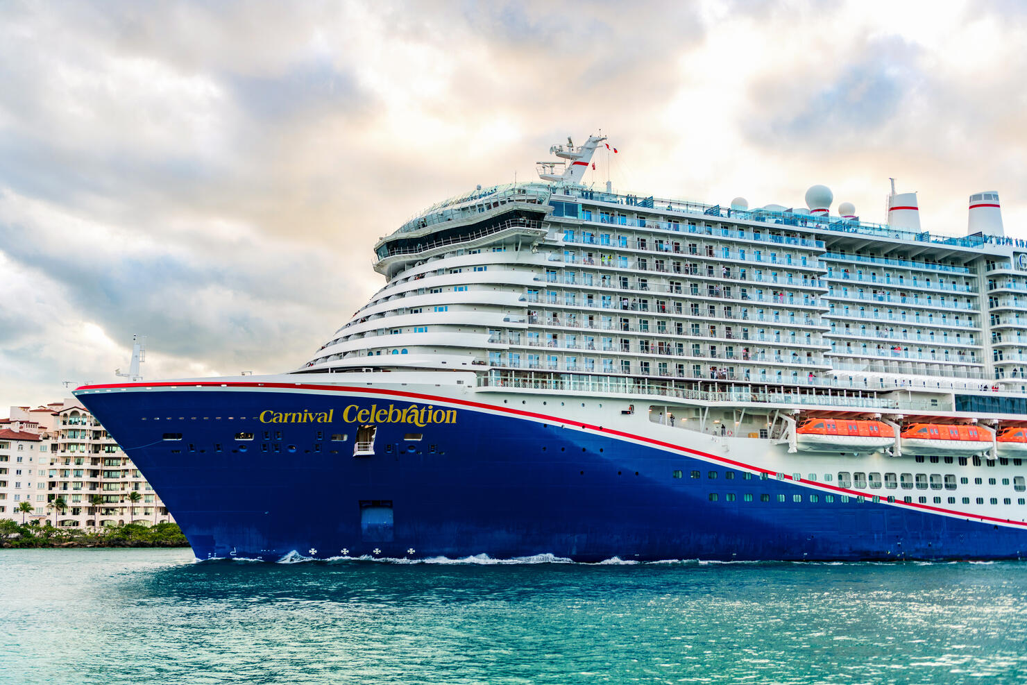 Carnival Celebration cruise ship voyage. Cruise in summer vacation. Carnival cruise line. Cruise ship tour and travel at sea. Ship leaving Miami beach port