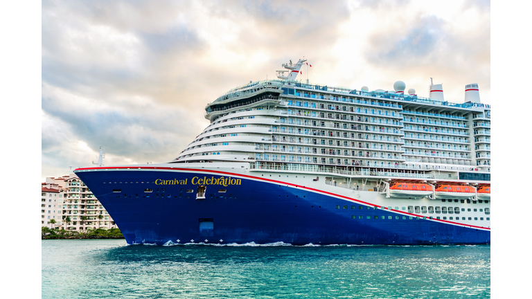 Carnival Celebration cruise ship voyage. Cruise in summer vacation. Carnival cruise line. Cruise ship tour and travel at sea. Ship leaving Miami beach port