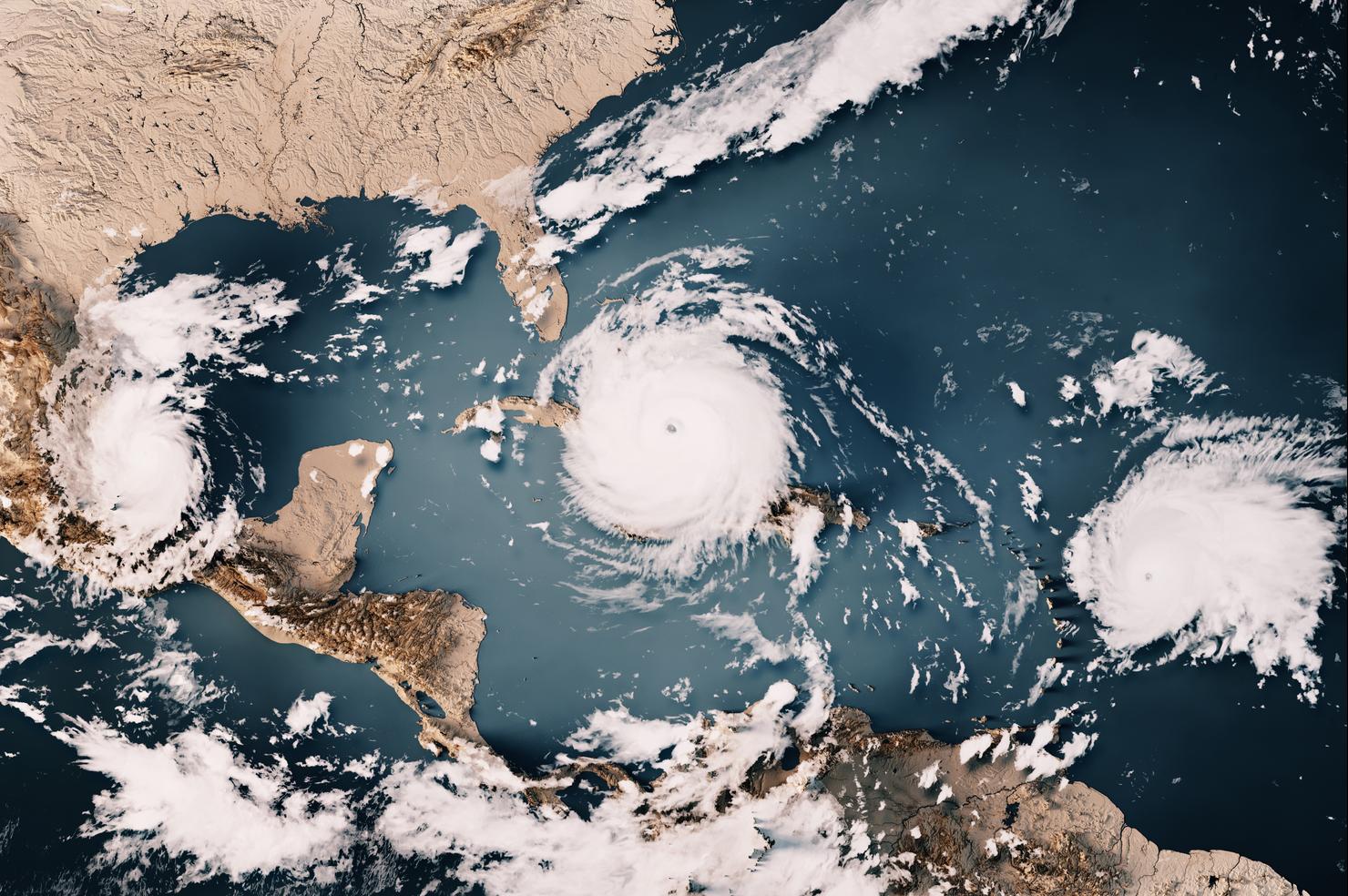 Three Hurricanes Katia Irma Jose 2017 Cloud Map Caribbean Sea 3D Render Neutral