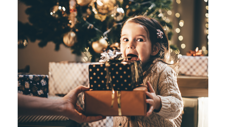 Lovely little girl receiving a Christmas gift.