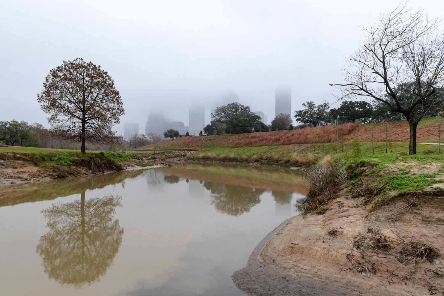 Buffalo Bayou Park on a grey, cloudy day , Houston , Texas