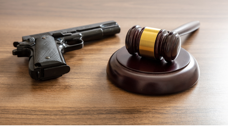 Crime, gun carry and use punishment concept. Judge gavel and handgun on table, close up