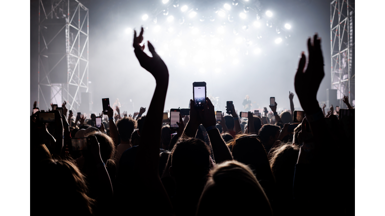 People with raised hands at a music concert. Fans in concert hall.