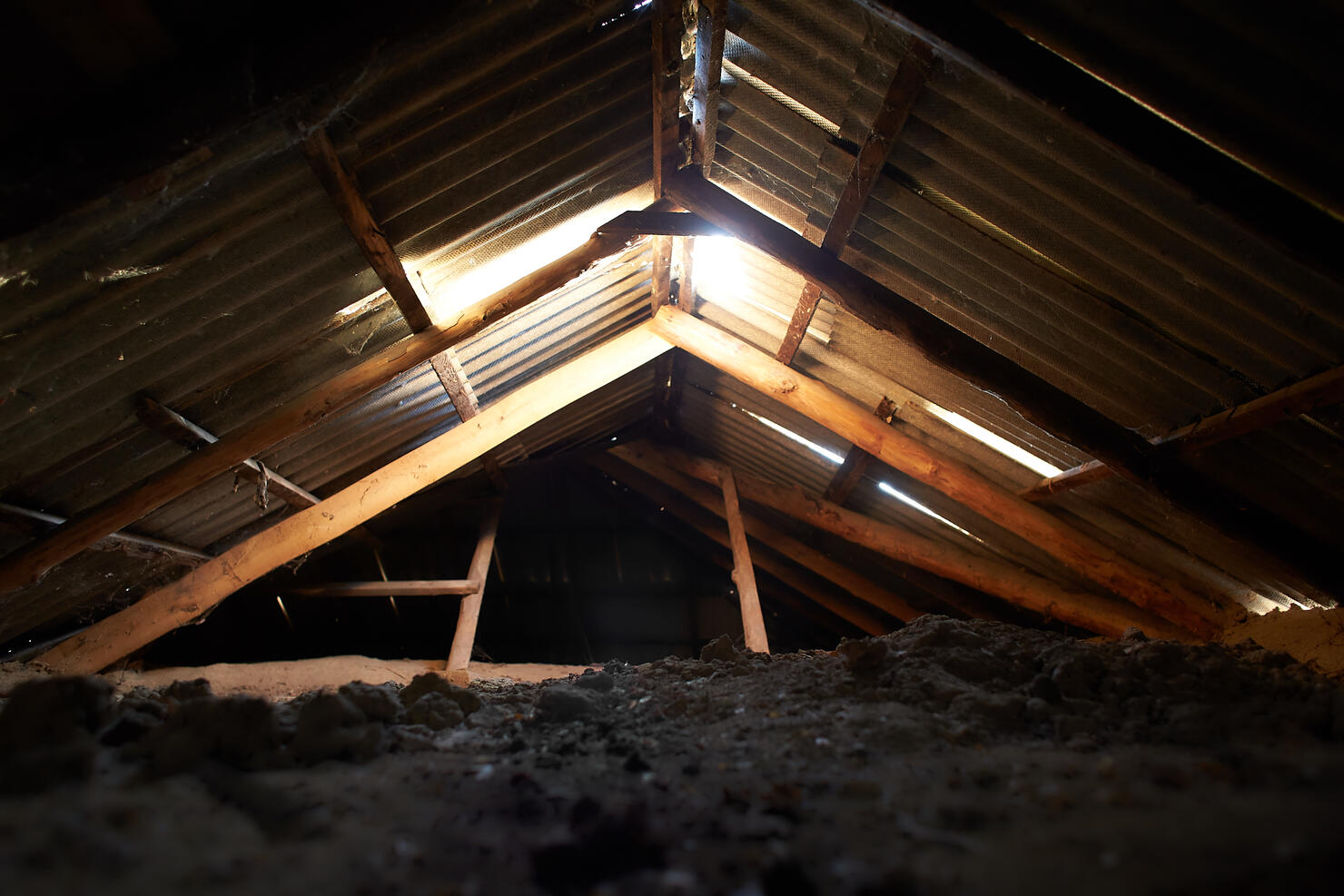 Dark old attic in the abandoned house.
