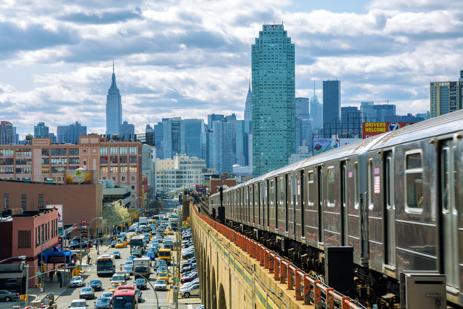 Subway Train Speeding on Elevated Track in Queens, New York