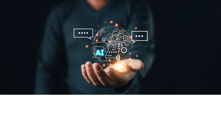 person show in hand digital globe with chatbot icons, speech bubbles, and chat with ai elements, representing intelligent virtual assistants, global communication, and artificial intelligence.