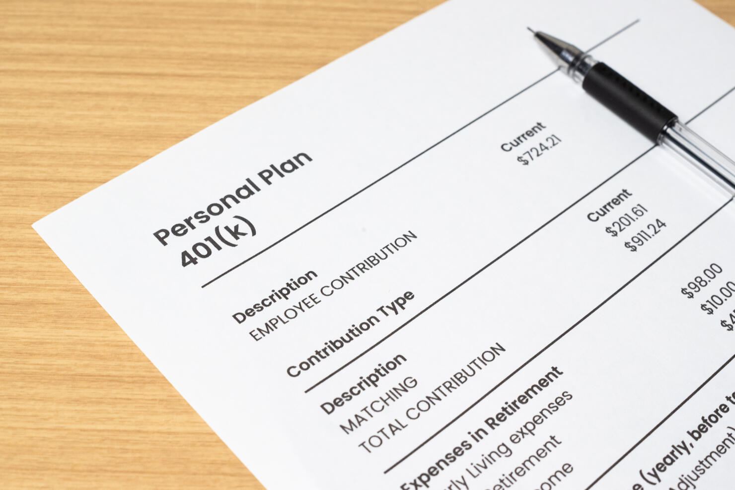 Retirement banking plan 401k and white pen on a white background. Close-up