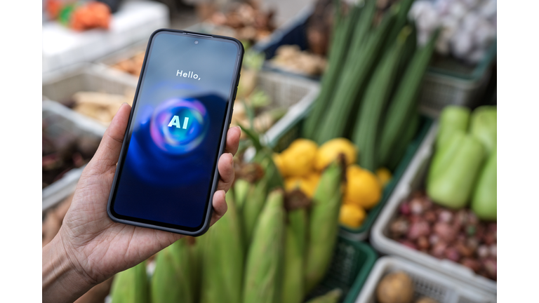 Tourist Using AI Chatbot to Identify Vegetables at Local Market