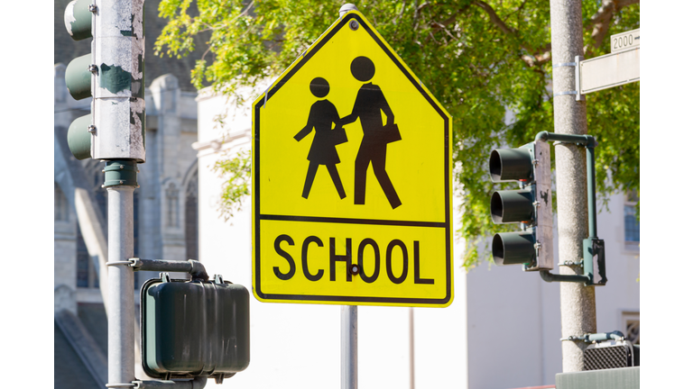 Yellow Sign For School Zone. School Warning Sign.