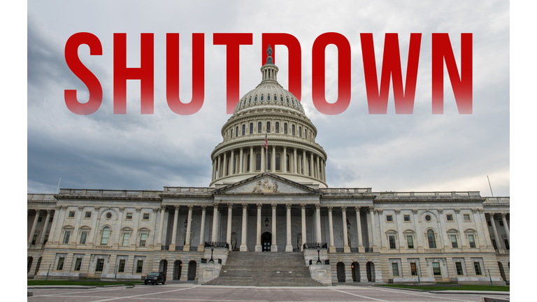 United States of America Shutdown shown with capital hill building and word in the background