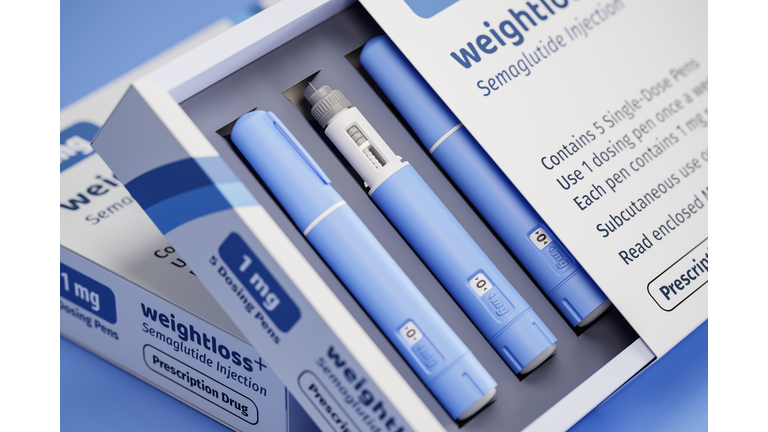 Two packages of 5 dosing pens each of a fictitious Semiglutin drug used for weight loss (antidiabetic medication or anti-obesity medication) on a blue transparent background. Fictitious package design