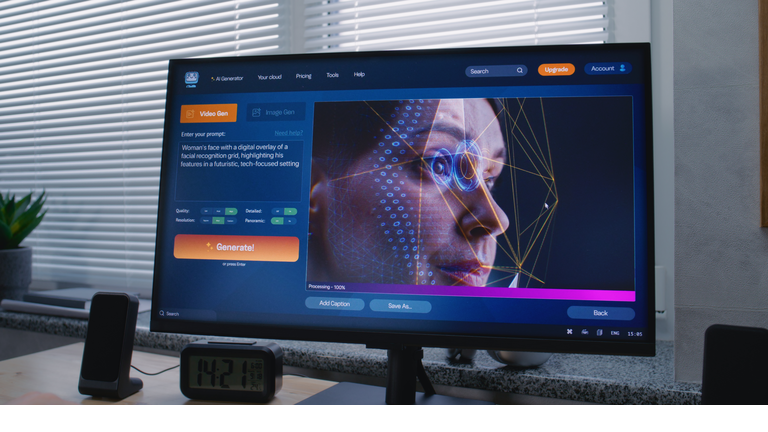 Man enters prompt in AI chatbot on PC. AI generated video of womans face with digital overlay