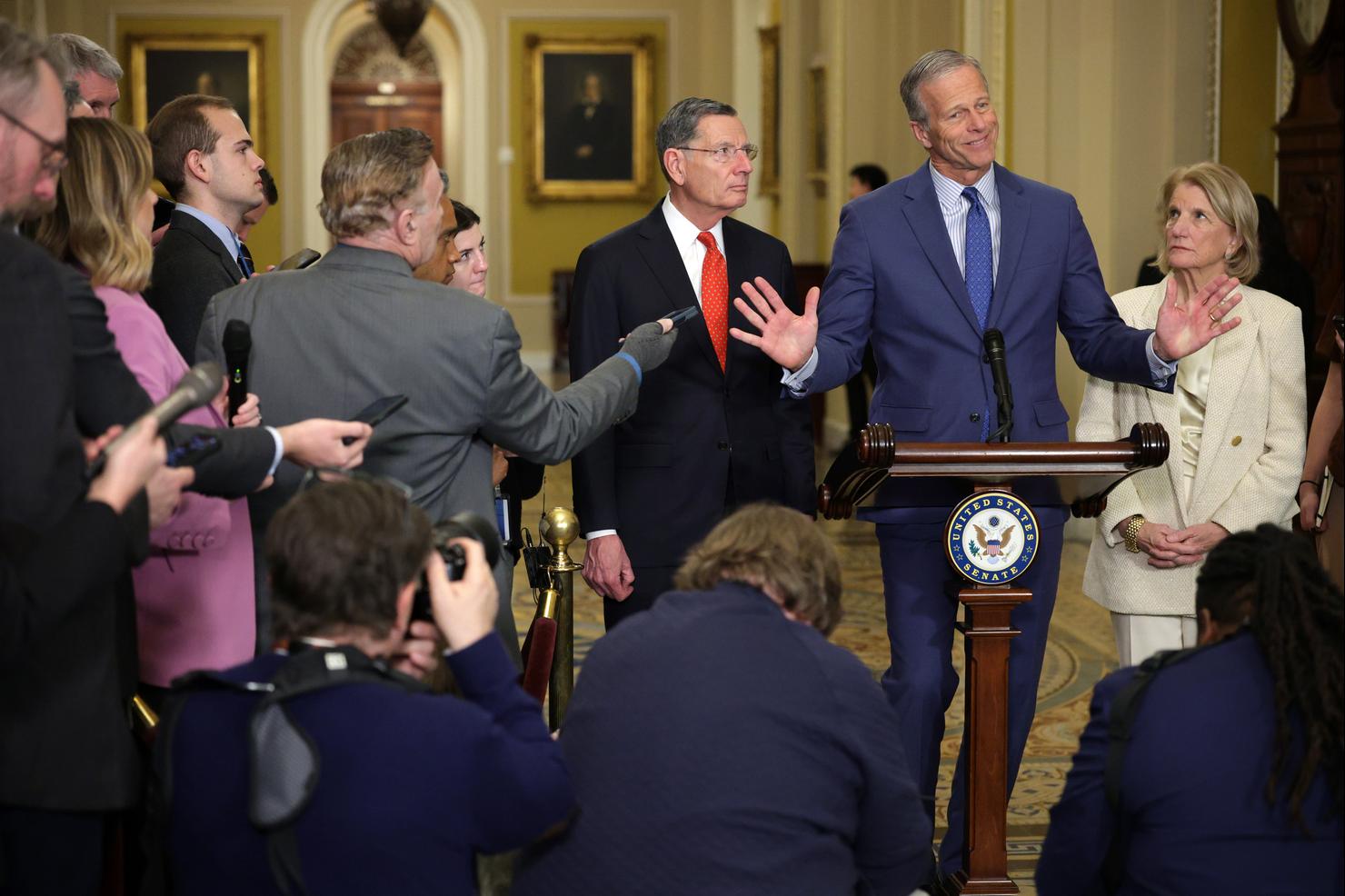 Senate Lawmakers Address The Media After Their Weekly Policy Luncheons