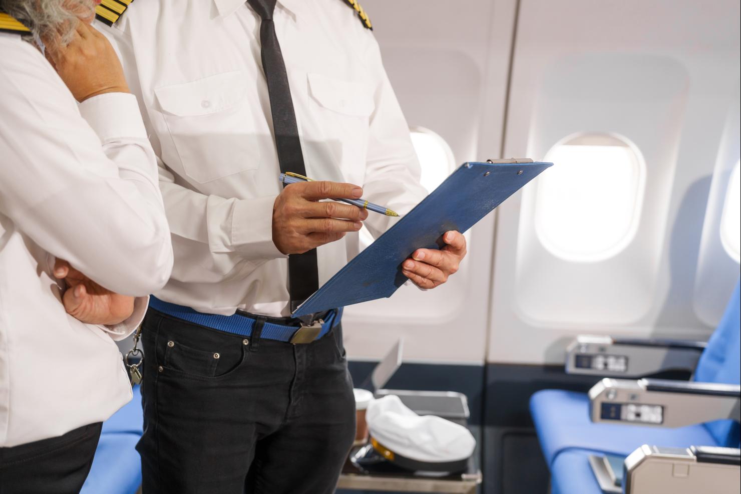 Mature male and female pilots meet inside an airplane, holding hands. Their gesture signifies teamwork, trust, and camaraderie in aviation, fostering a safe and collaborative work environment.