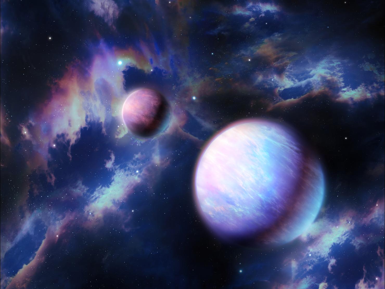 Planet with satellite in space with nebulae.