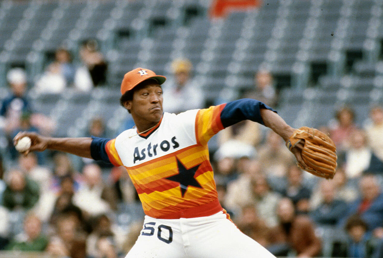 J.R. Richard #50 of the Houston Astros pitches against the New York Mets