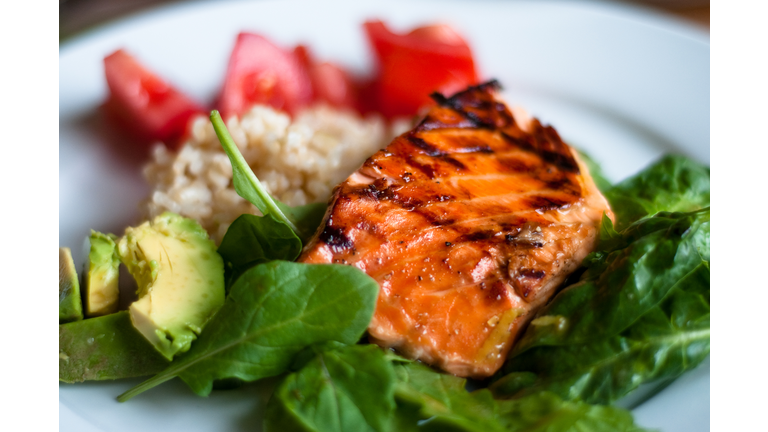 fiber in the brown rice, salmon, avocado, and dark leafy greens