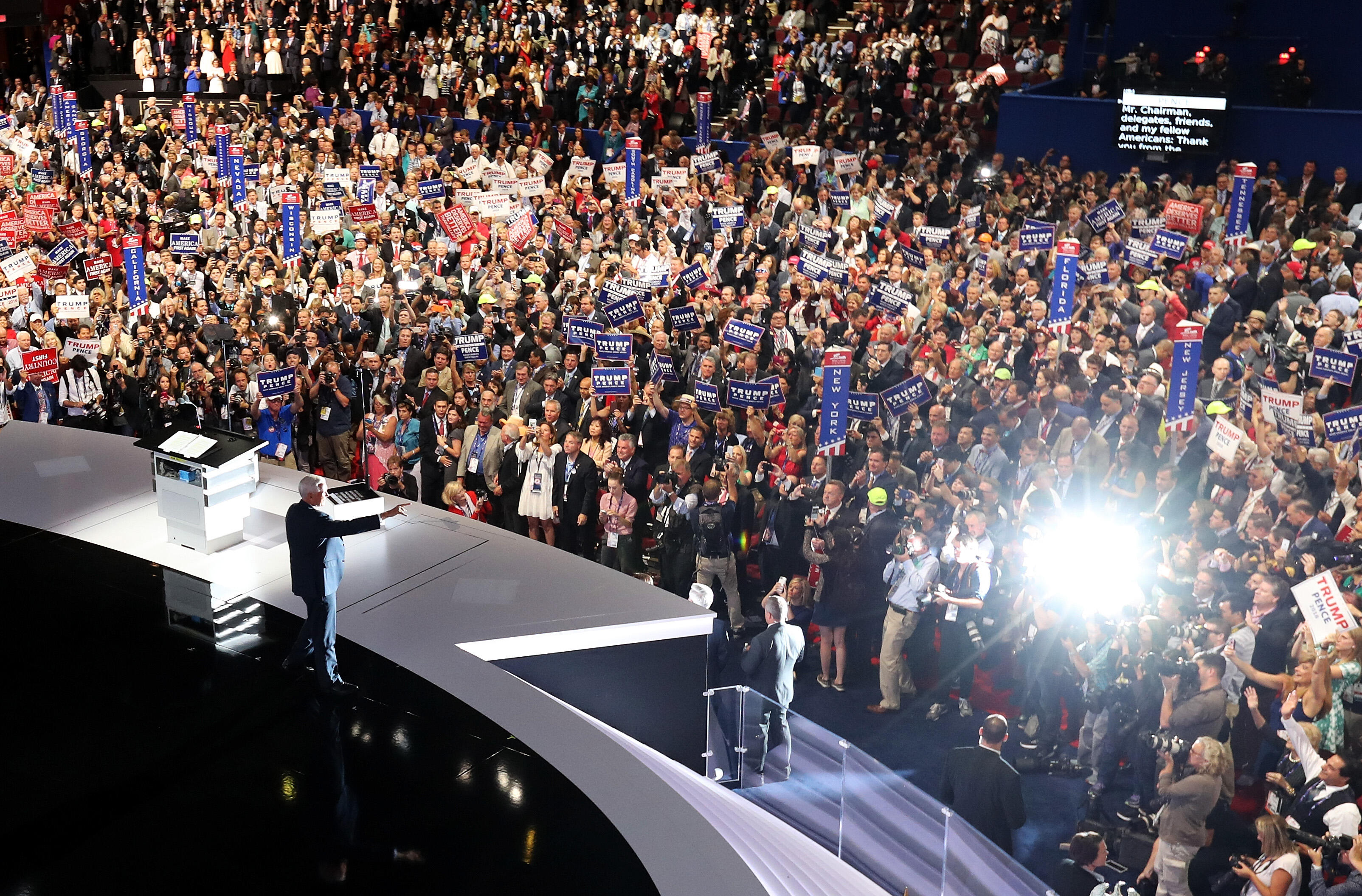 CLEVELAND, OH - JULY 20:  on the third day of the Republican National Convention on July 20, 2016 at the Quicken Loans Arena in Cleveland, Ohio. Republican presidential candidate Donald Trump received the number of votes needed to secure the party's nomination. An estimated 50,000 people are expected in Cleveland, including hundreds of protesters and members of the media. The four-day Republican National Convention kicked off on July 18. (Photo by Chip Somodevilla/Getty Images)