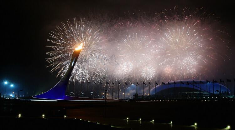 SOCHI, RUSSIA - MARCH 07: A general view is seen of fireworks over Fisht Olympic Stadium during the Opening Ceremony of the Sochi 2014 Paralympic Winter Games at Fisht Olympic Stadium on March 7, 2014 in Sochi, Russia. (Photo by Mark Kolbe/Getty Images)