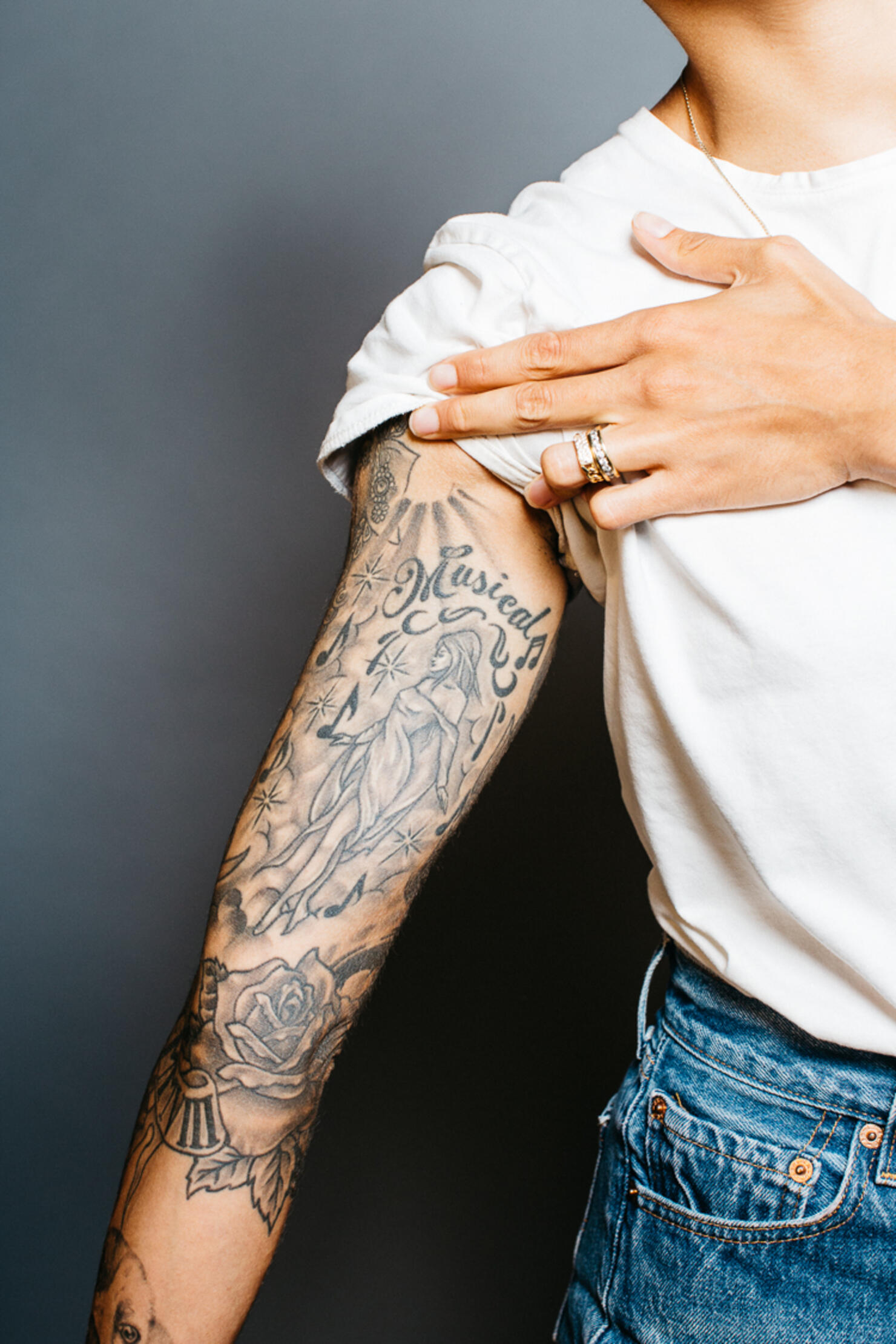 Nina Sky Nicole Goddess, Music Lover Tattoo on Arm