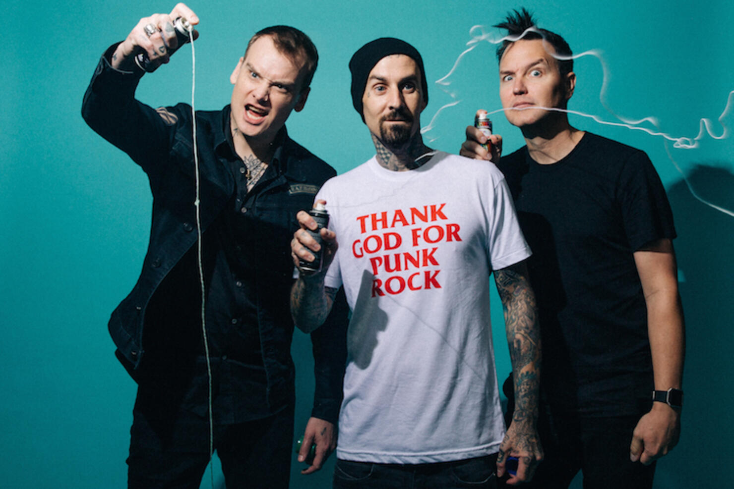 Mark Hoppus, Travis Barker and Matt Skiba with Silly String
