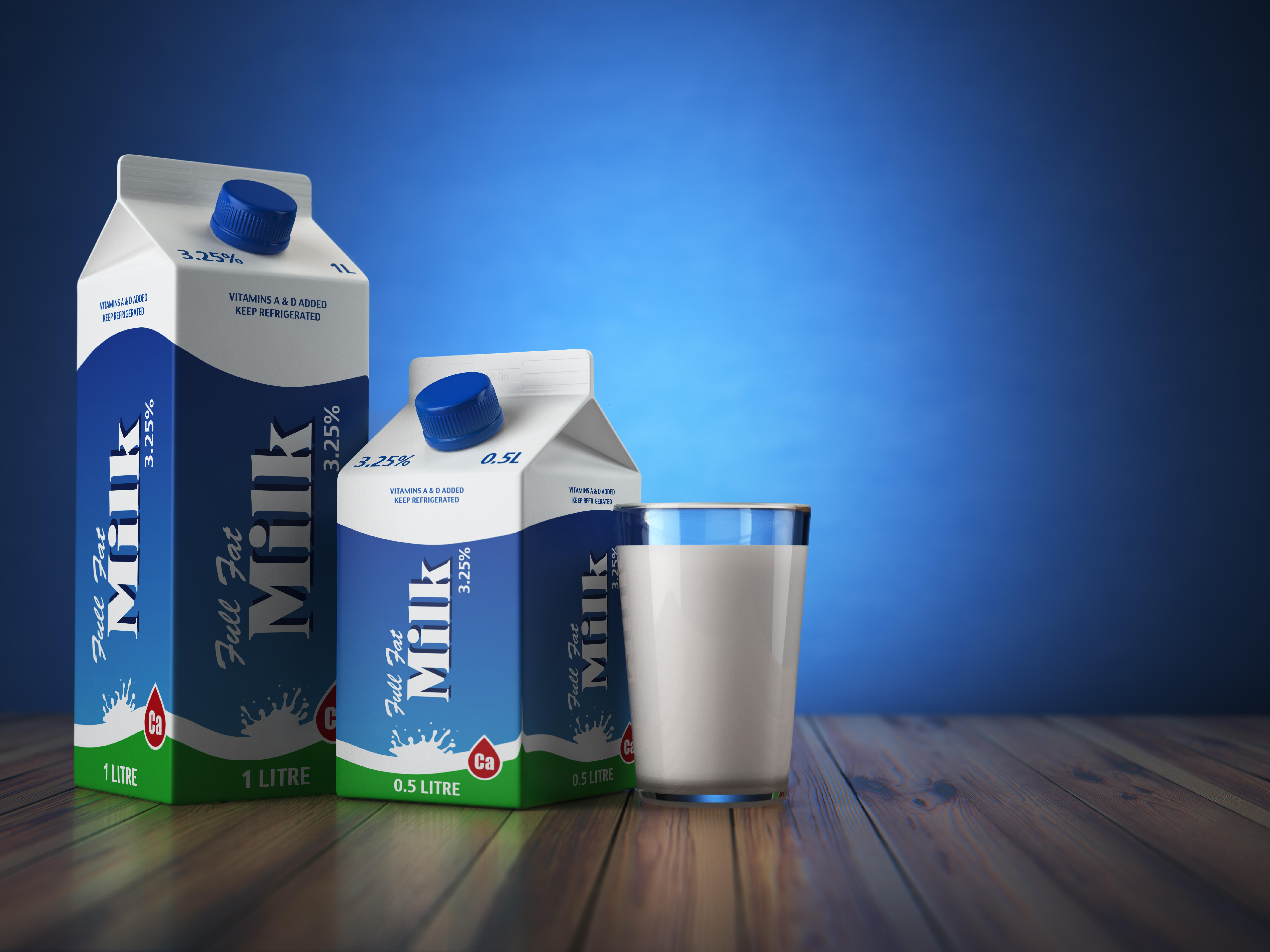 Milk carton packand glass on blue background. 3d illustration