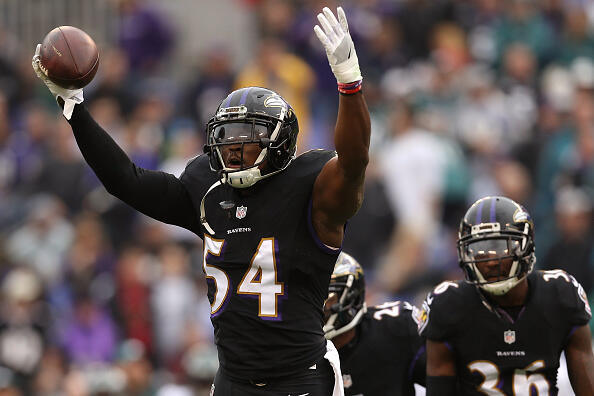 BALTIMORE, MD - DECEMBER 18: Inside linebacker Zach Orr #54 of the Baltimore Ravens reacts after making an interception in the first quarter against the Philadelphia Eagles at M&T Bank Stadium on December 18, 2016 in Baltimore, Maryland. (Photo by Patrick Smith/Getty Images)