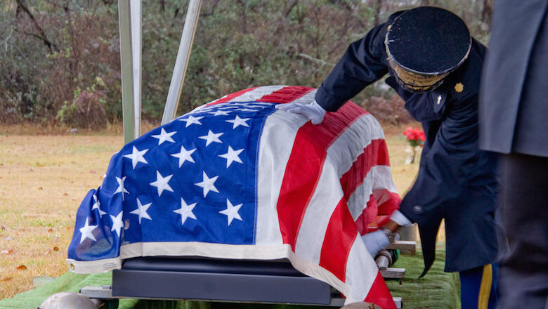 A Flag Draped Coffin at a military funeral.