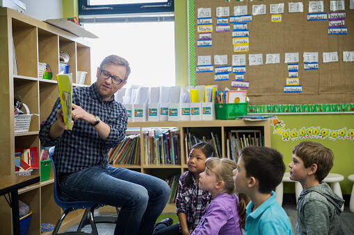 Elementary students listening to teacher read in classroom