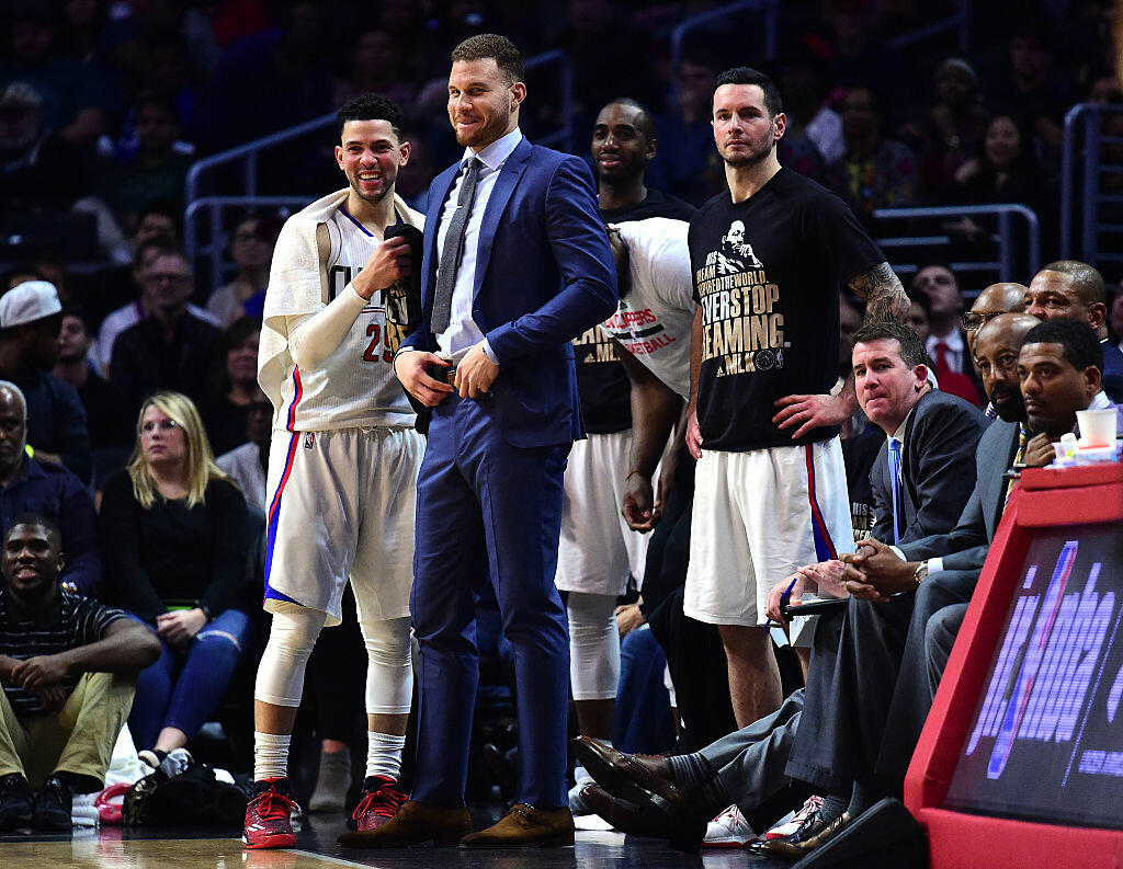LOS ANGELES, CA - JANUARY 16:  Blake Griffin #32 of the LA Clippers laughs with Austin Rivers #25 during a 120-98 win over the Oklahoma City Thunder at Staples Center on January 16, 2017 in Los Angeles, California.  NOTE TO USER: User expressly acknowledges and agrees that, by downloading and or using this photograph, User is consenting to the terms and conditions of the Getty Images License Agreement.  (Photo by Harry How/Getty Images)