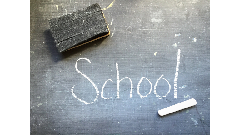 Close-Up Of School Text On Blackboard