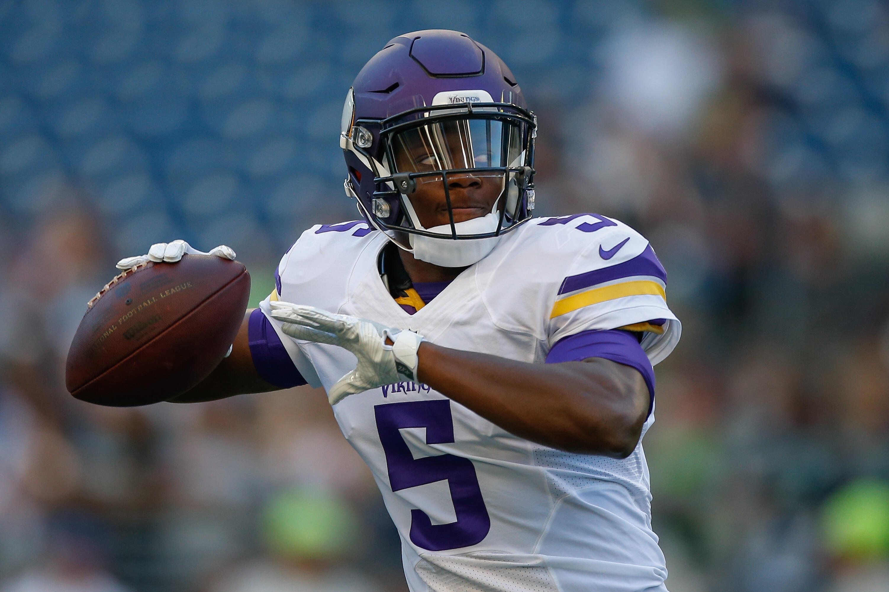 SEATTLE, WA - AUGUST 18:  Quarterback Teddy Bridgewater #5 of the Minnesota Vikings warms up prior to the preseason game against the Seattle Seahawks at CenturyLink Field on August 18, 2016 in Seattle, Washington.  (Photo by Otto Greule Jr/Getty Images)