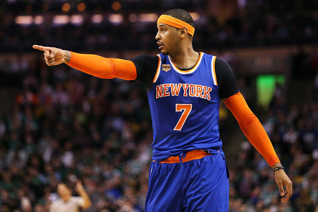 BOSTON, MA - JANUARY 18: Carmelo Anthony #7 of the New York Knicks directs his team during the first half against the Boston Celtics at TD Garden on January 18, 2017 in Boston, Massachusetts. NOTE TO USER: User expressly acknowledges and agrees that, by downloading and or using this Photograph, user is consenting to the terms and conditions of the Getty Images License Agreement. (Photo by Maddie Meyer/Getty Images)