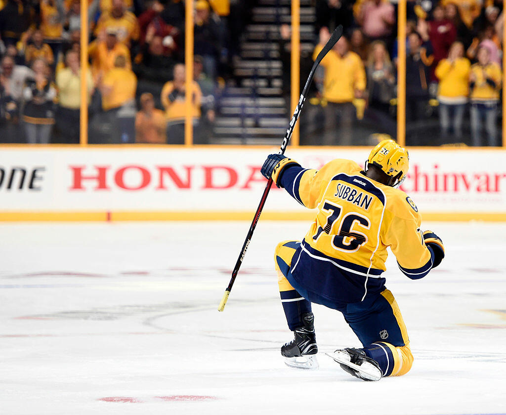 NASHVILLE, TN - OCTOBER 14:  P.K. Subban #76 of the Nashville Predators celebrates his first regular season goal as a newly acquired Predator against the Chicago Blackhawks at Bridgestone Arena on October 14, 2016 in Nashville, Tennessee.  (Photo by Sanford Myers/Getty Images)