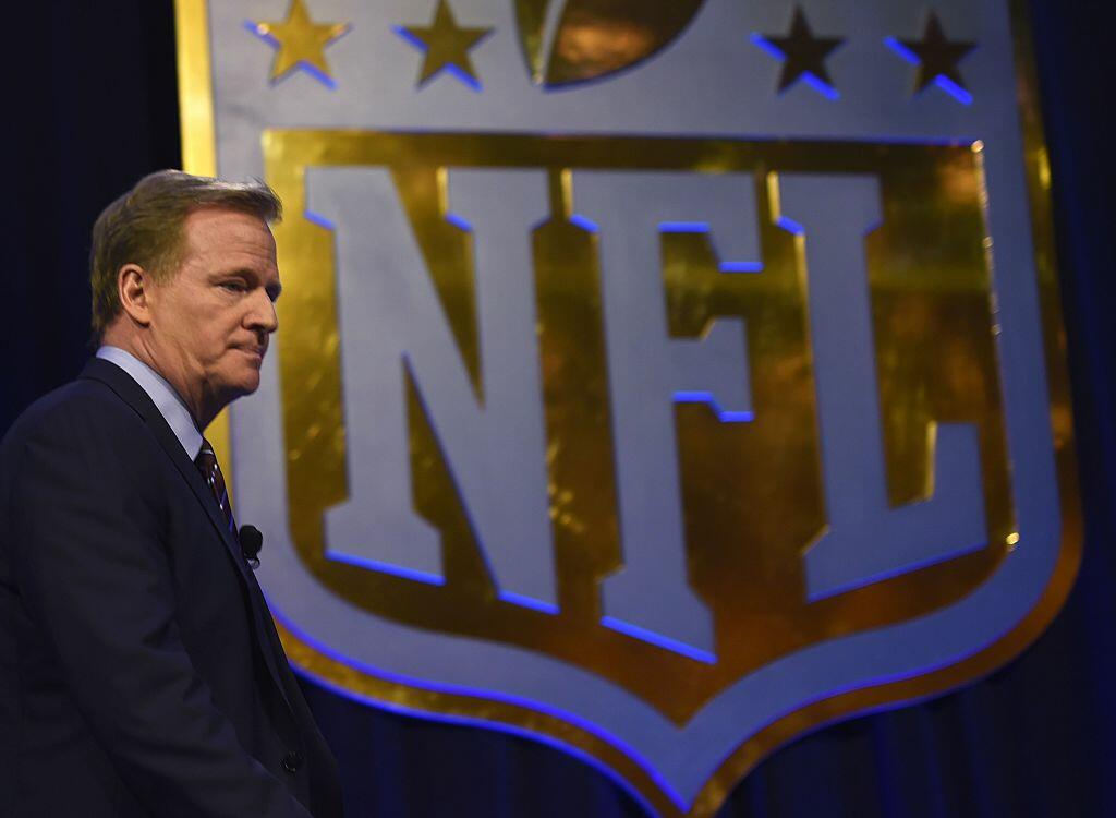 NFL Commissioner Roger Goodell arrives for the Super Bowl 50 press conference February 5, 2016 at the Moscone Convention Center in San Francisco, California. A perfectly scripted duel between Peyton Manning and his heir apparent Cam Newton will captivate America on Sunday as the Super Bowl marks its 50th anniversary with a quarterback showdown for the ages. / AFP / Timothy A. CLARY        (Photo credit should read TIMOTHY A. CLARY/AFP/Getty Images)