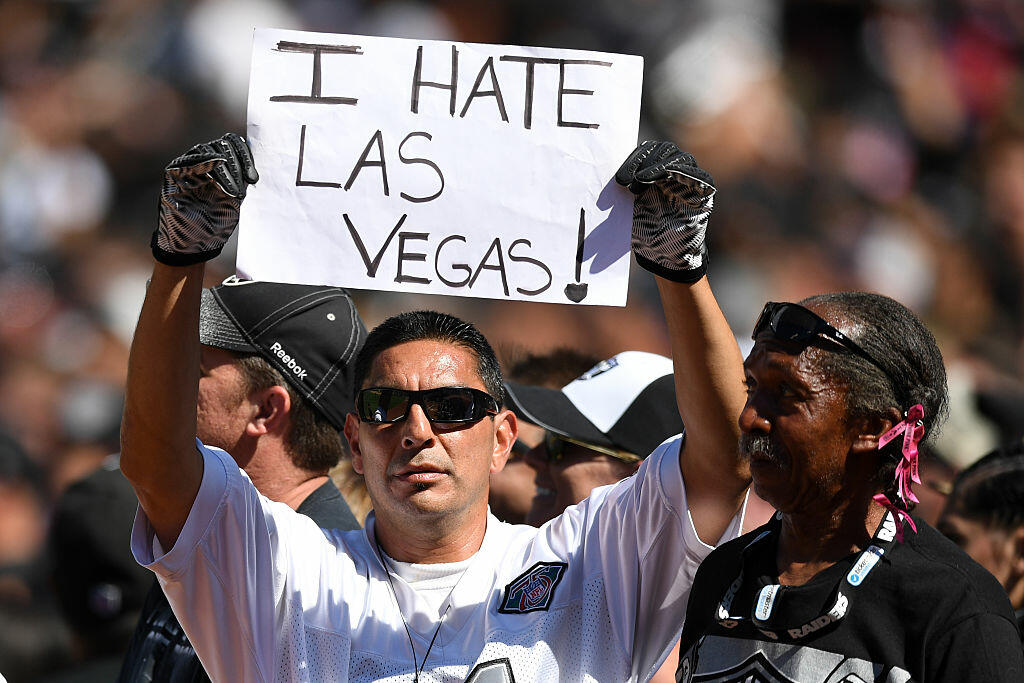 OAKLAND, CA - SEPTEMBER 18:  A fan holds a sign in the stands in reference to a potential move by the Oakland Raiders to Las Vegas during the NFL game between the Oakland Raiders and the Atlanta Falcons at Oakland-Alameda County Coliseum on September 18, 2016 in Oakland, California.  (Photo by Thearon W. Henderson/Getty Images)