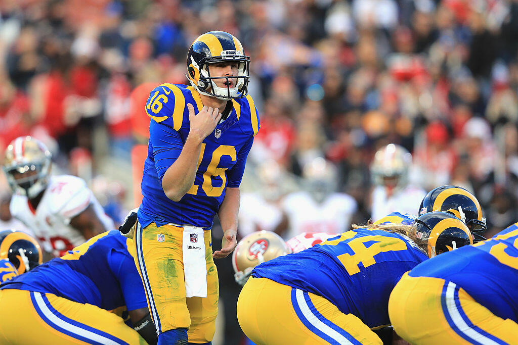 LOS ANGELES, CA - DECEMBER 24:  Jared Goff #16 of the Los Angeles Rams communicates at the line of scrimmage during the game against the San Francisco 49ers at Los Angeles Memorial Coliseum on December 24, 2016 in Los Angeles, California.  (Photo by Sean M. Haffey/Getty Images)