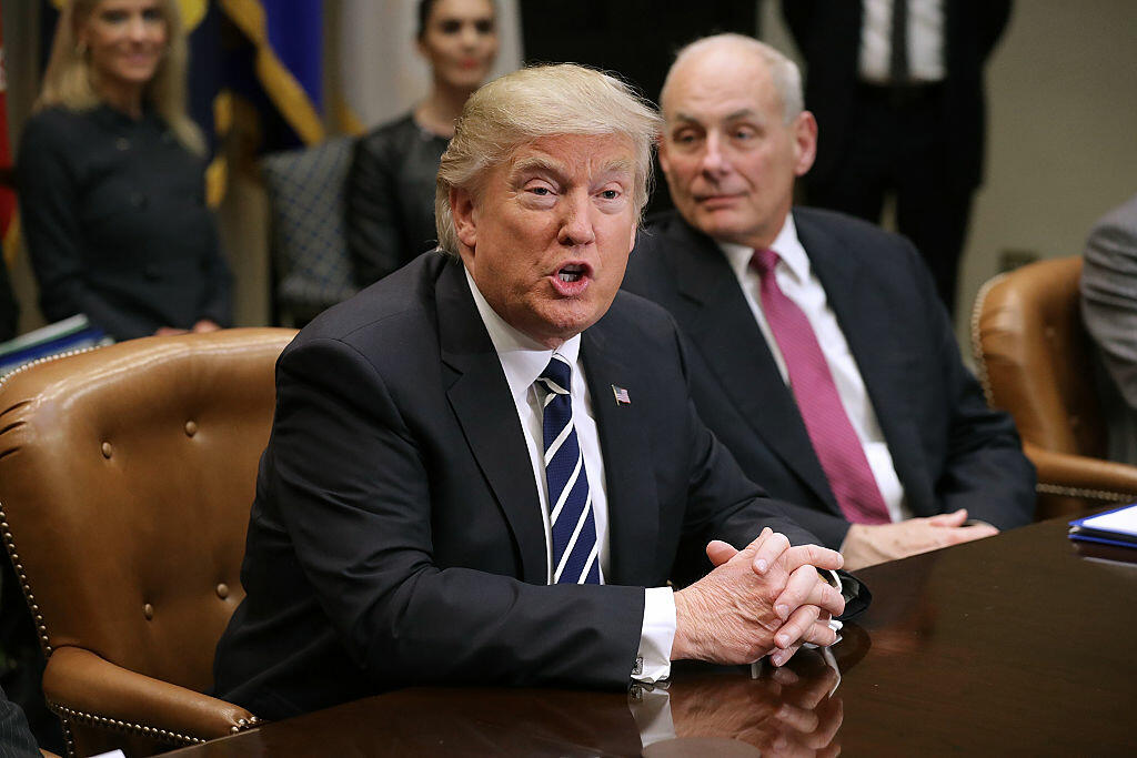 WASHINGTON, DC - JANUARY 31:  U.S. President Donald Trump delivers remarks at the beginning of a meeting with Homeland Security Secretary John Kelly and other government cyber security experts in the Roosevelt Room at the White House January 31, 2017 in Washington, DC. Citing the hack of computers at the Democratic National Committee by Russia, Trump said that the private and public sectors must do more to prevent and protect against cyber attacks.  (Photo by Chip Somodevilla/Getty Images)